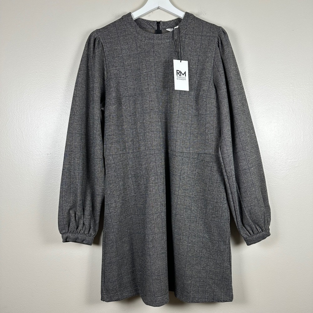 Rebecca‎ Minkoff Women's Large Mini Dress Grey Plaid Puff Sleeve Old Money NEW